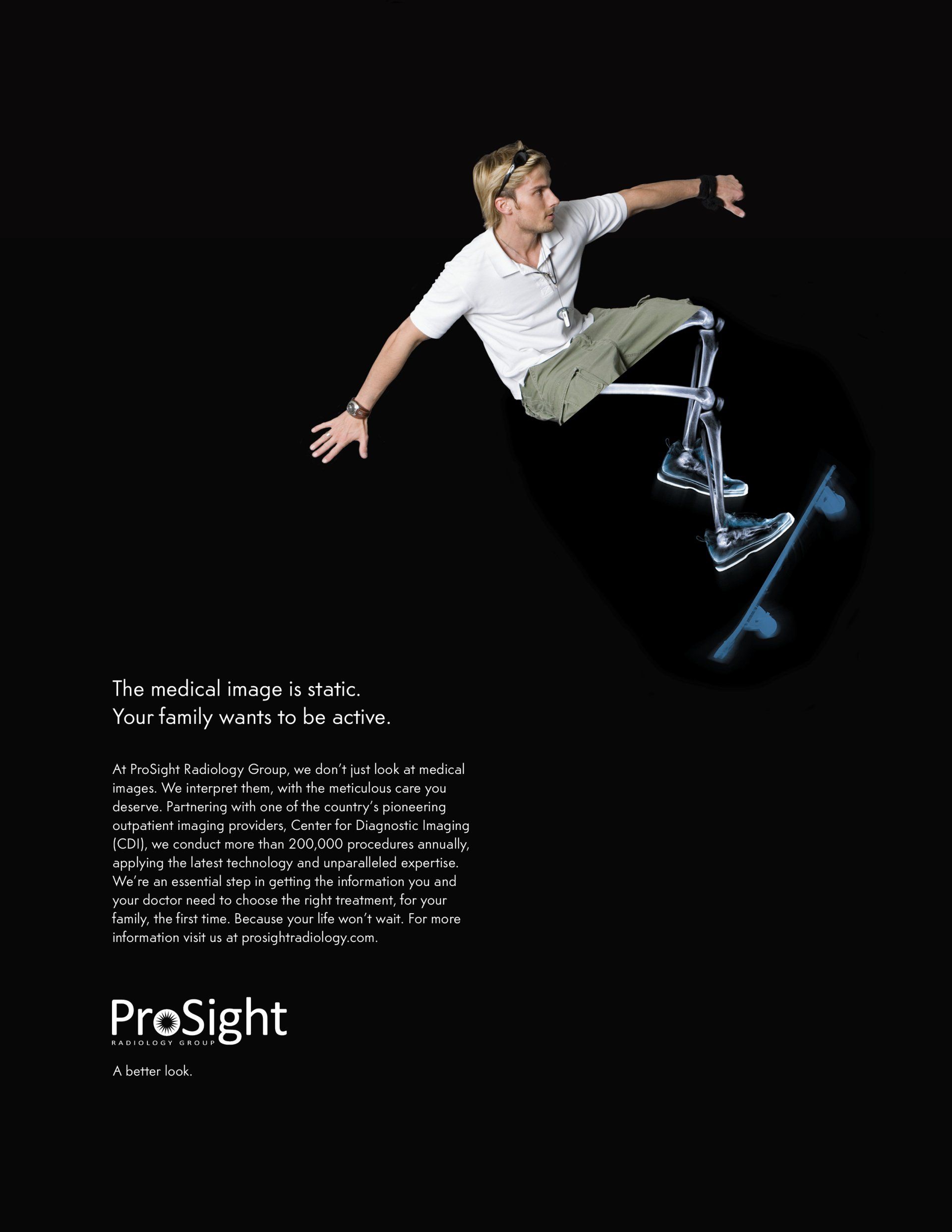 A man is doing a trick on a skateboard in an advertisement for prosight