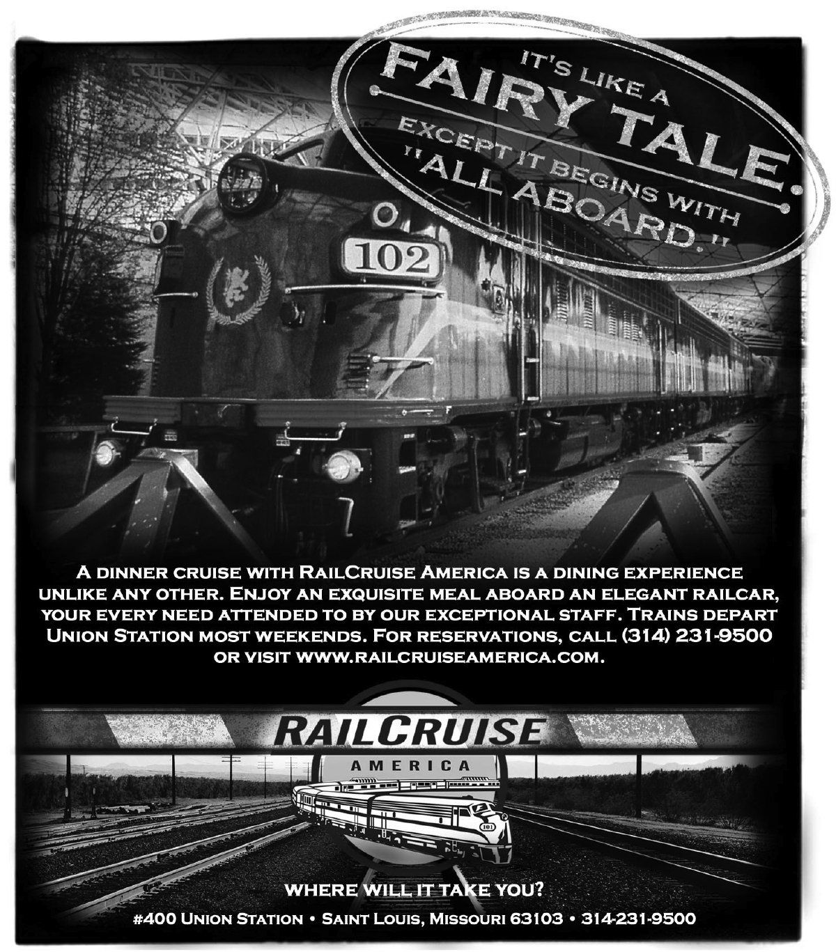 A black and white advertisement for rail cruise america