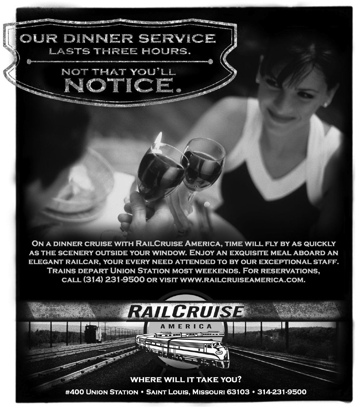 An advertisement for rail cruise shows a woman toasting with two glasses of wine