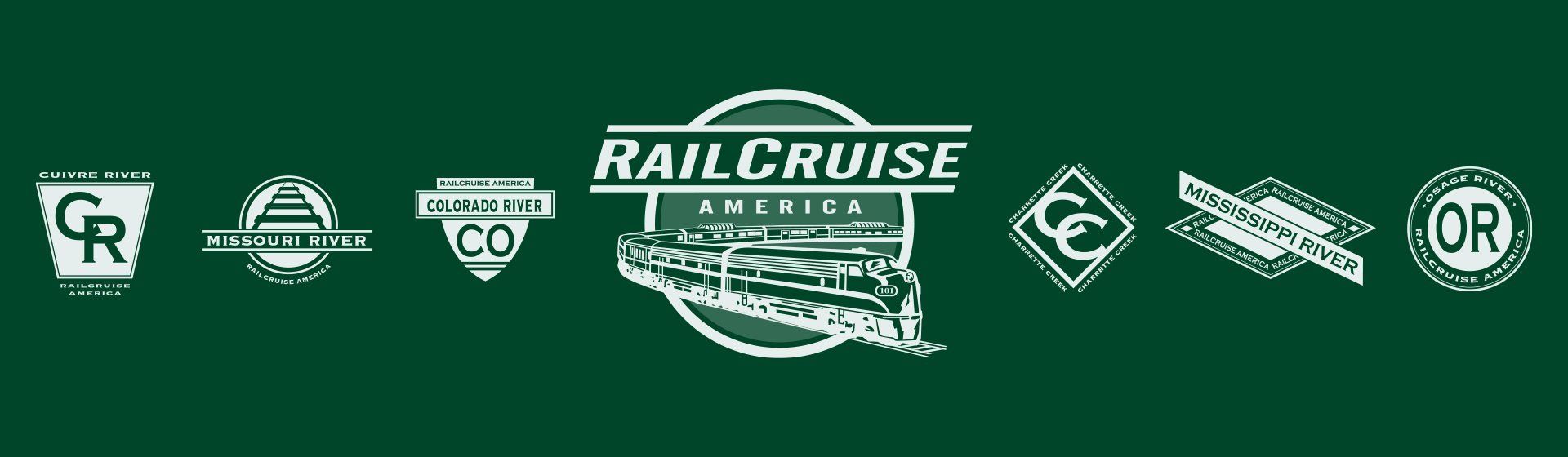 A green background with various logos for rail cruise america