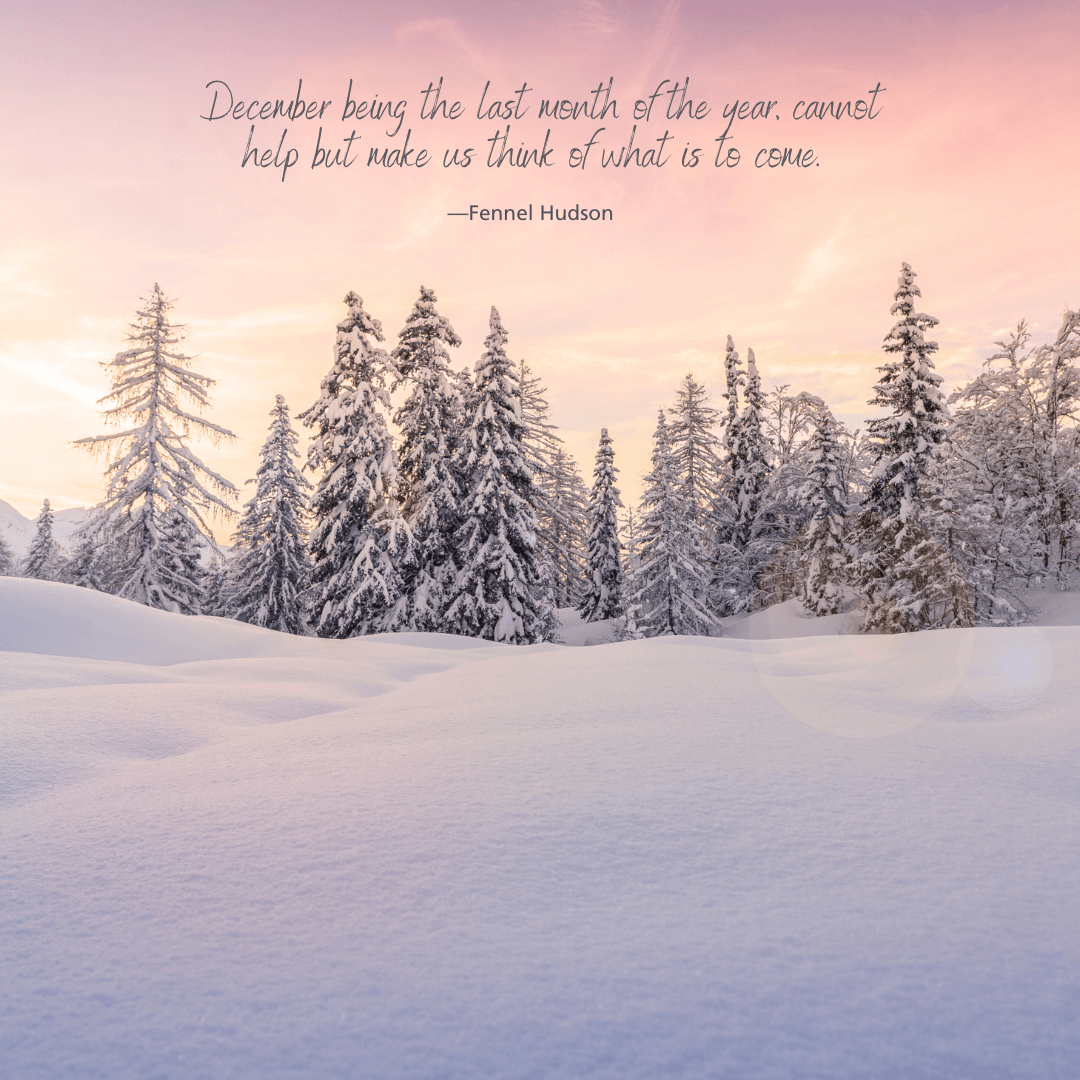 A snowy forest with a quote that says december being the last month of the year
