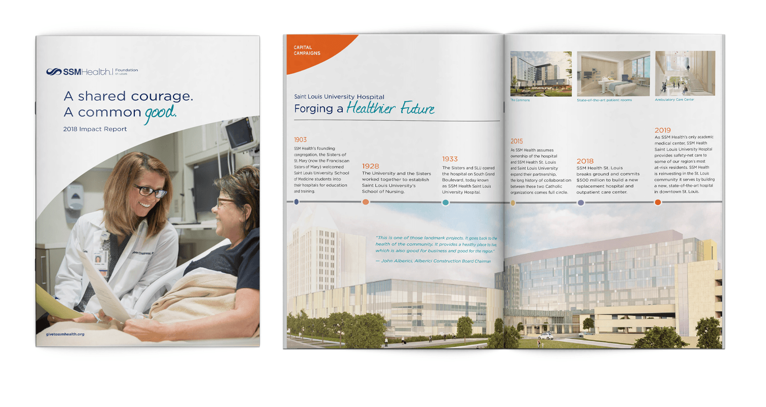 A brochure for a hospital showing a doctor and a patient.