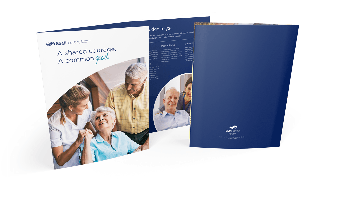 A blue folder with a picture of elderly people on it.