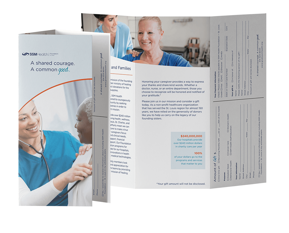A brochure with a picture of a nurse talking to a patient