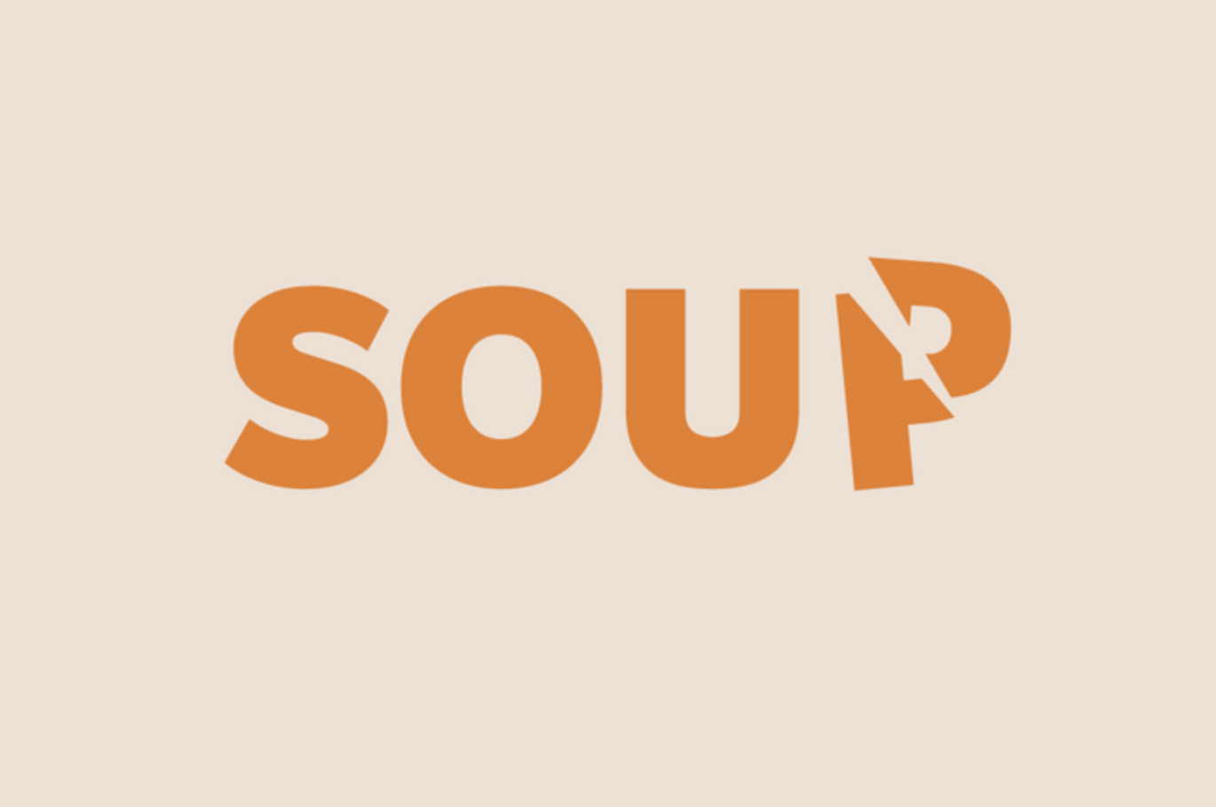 The word soup is cut in half on a beige background.