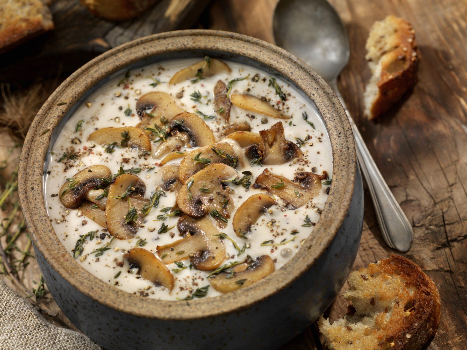 There is a bowl of soup with mushrooms and a spoon in it.
