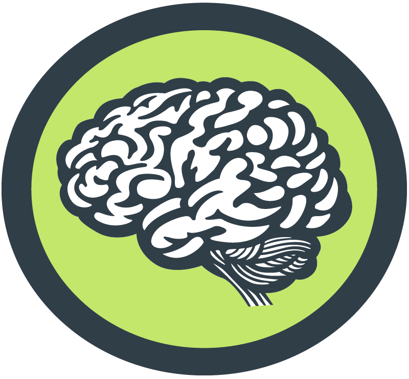 A black and white drawing of a brain in a green circle.