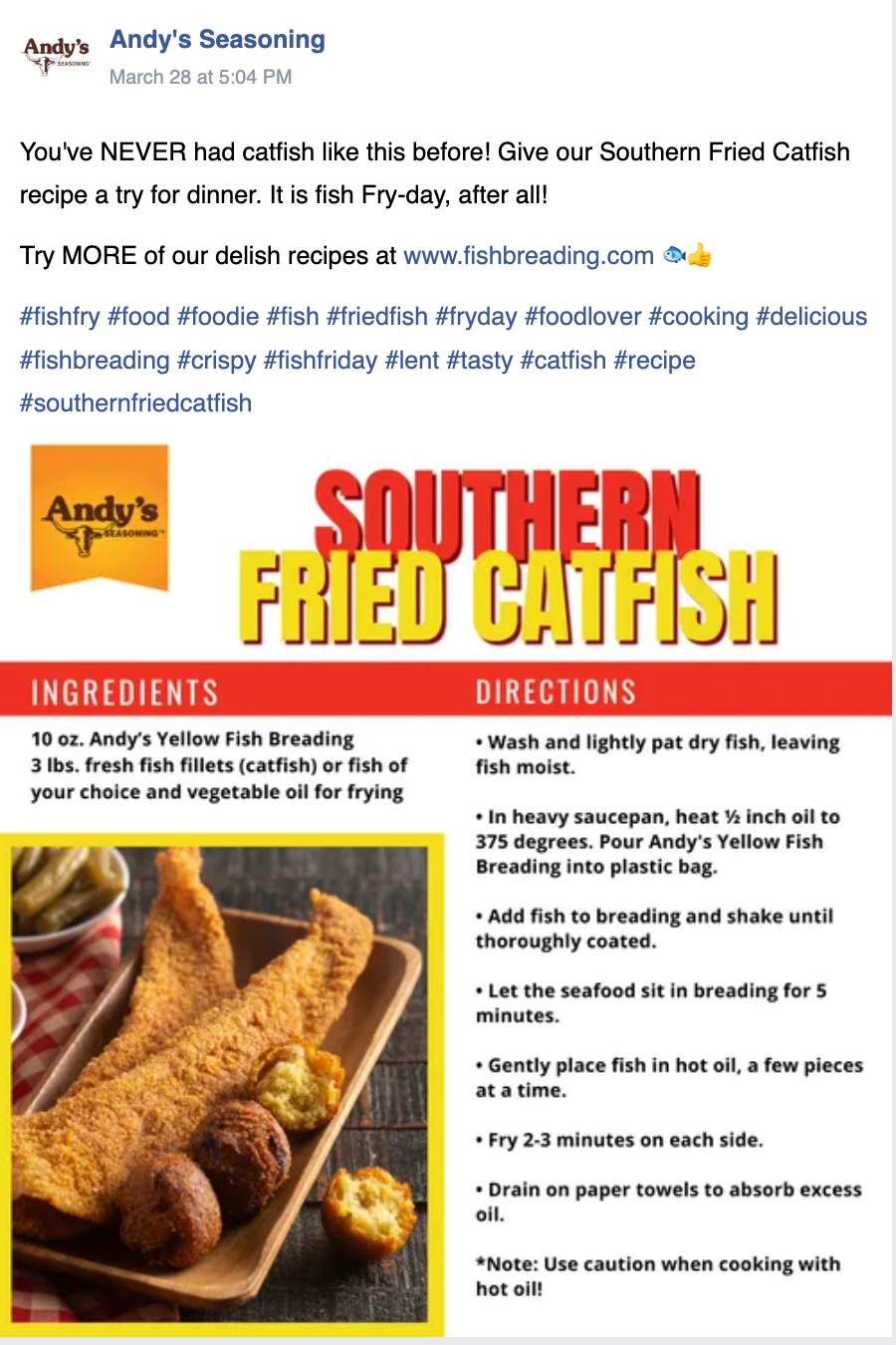 A recipe for southern fried catfish with ingredients and directions