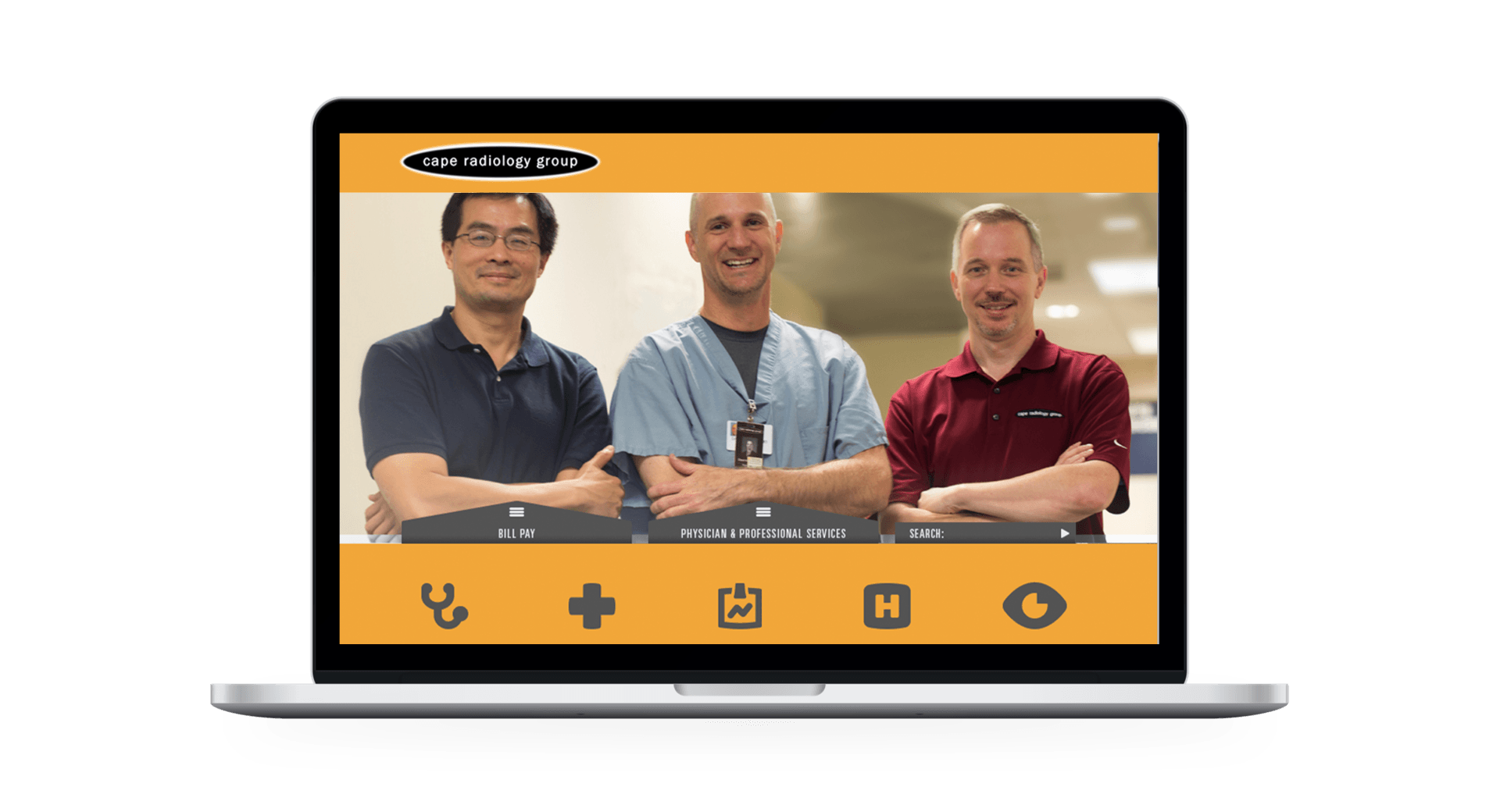 Three men are standing next to each other on a laptop screen.