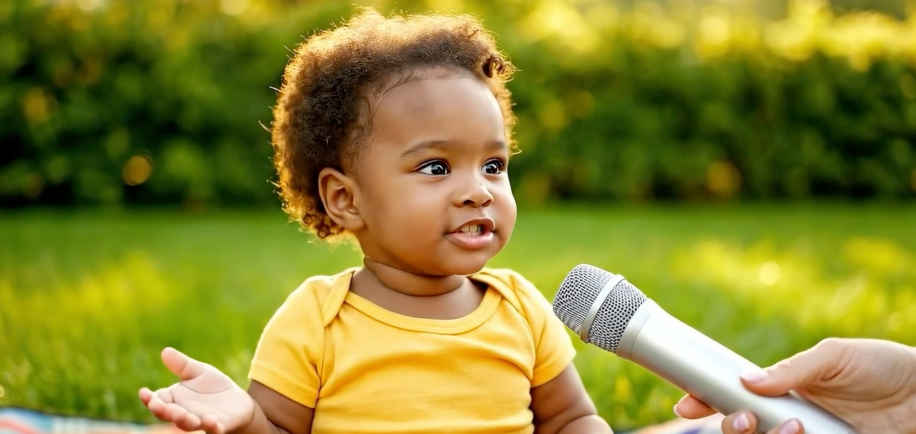 Child in yellow shirt being interviewed outdoors with a microphone, seated on grass with a blurred green background