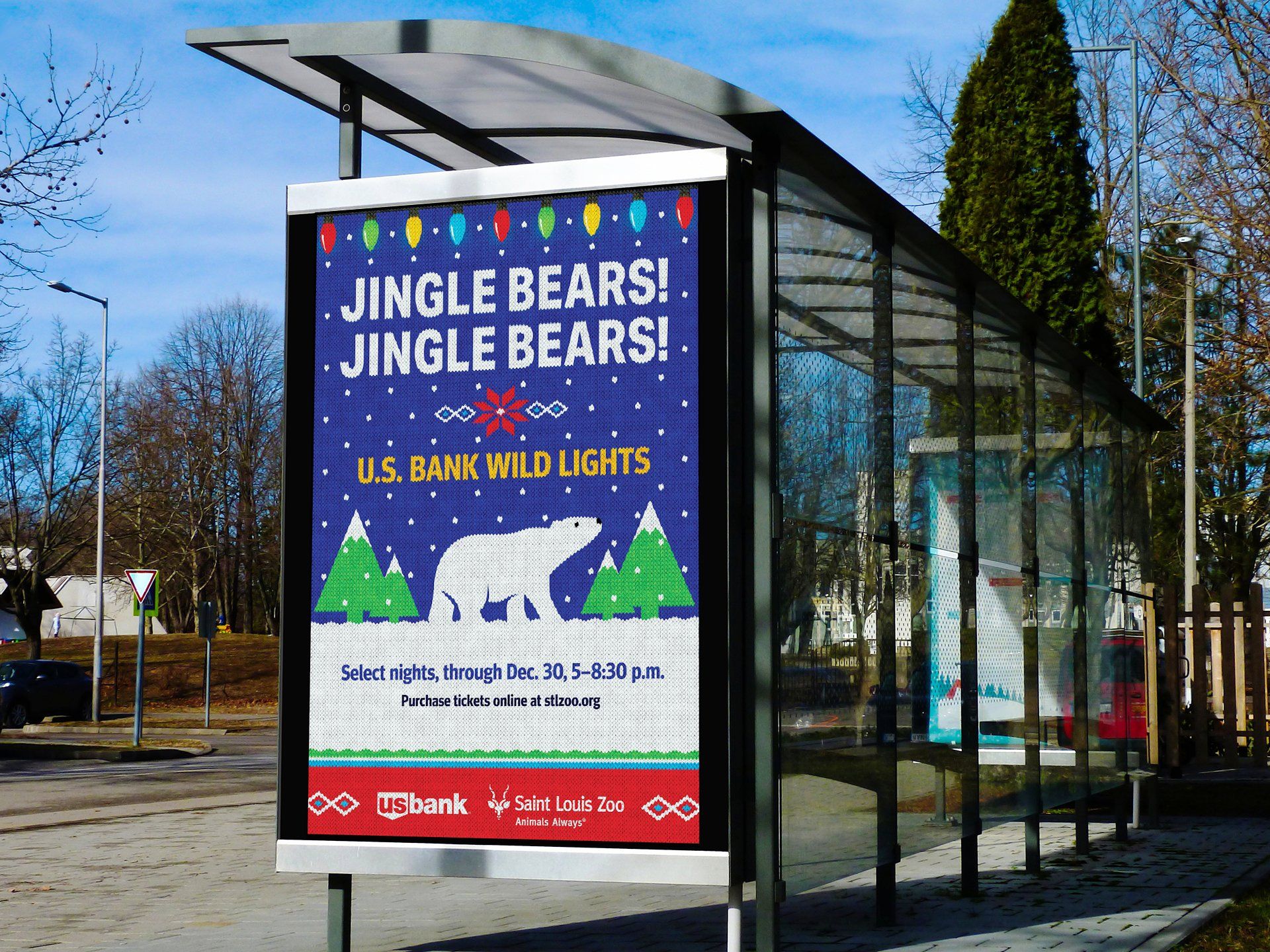 A bus stop with a sign that says jingle bears