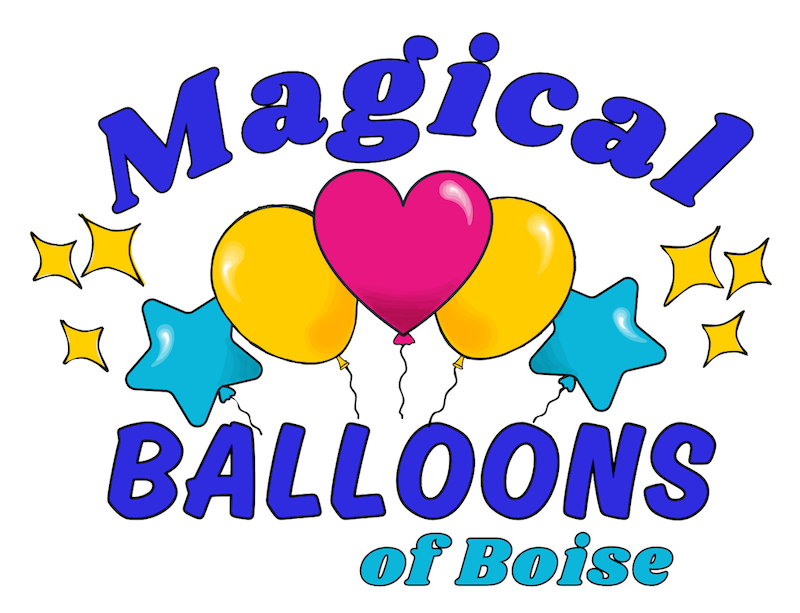 A logo for magical balloons of boise with balloons and stars