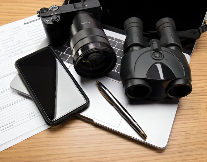 A camera, binoculars, phone, pen, and a laptop on a wooden surface with a sheet of paper.