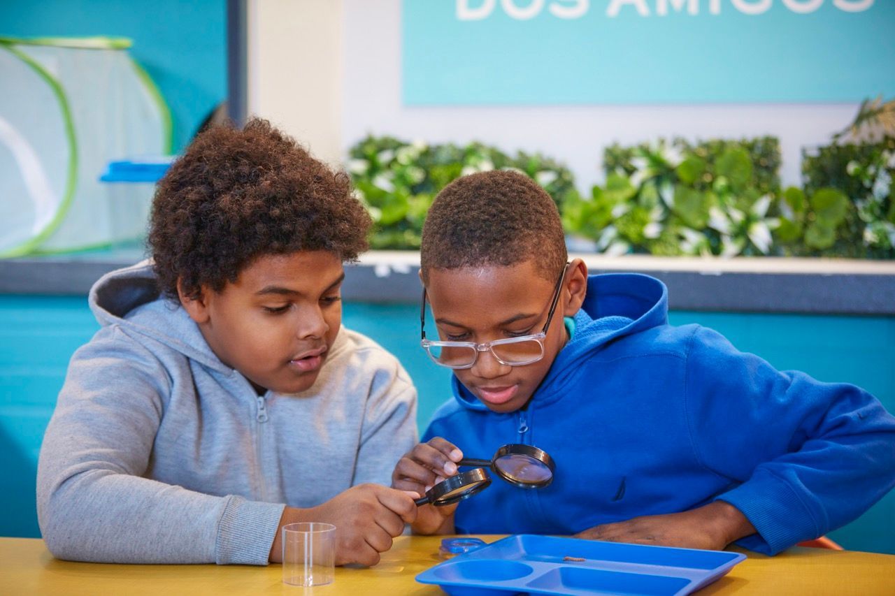Two children in hoodies examining something with a magnifying glass at a table in a classroom