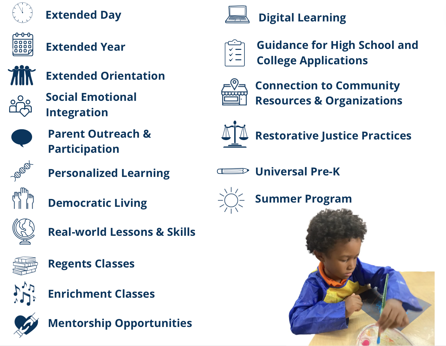 Program list for school enrichment and support, with child reading on the right