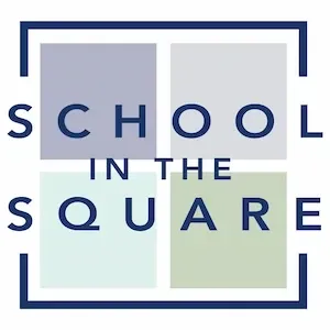 School in the Square logo with navy text over four pastel squares in a navy frame