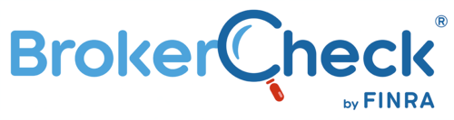 A blue and white logo for broker check by finra