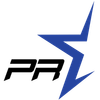 PR logo with black letters and a blue lightning-bolt star on a white background