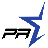 PR logo with black letters and a blue lightning-bolt star on a white background