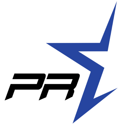 PR logo with black letters and a blue lightning-bolt star on a white background