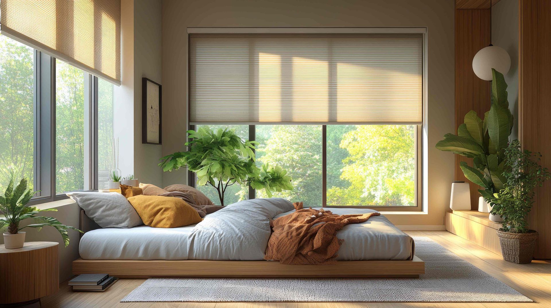 A bedroom with large windows and cellular shades for light and temperature control near Spokane ,WA