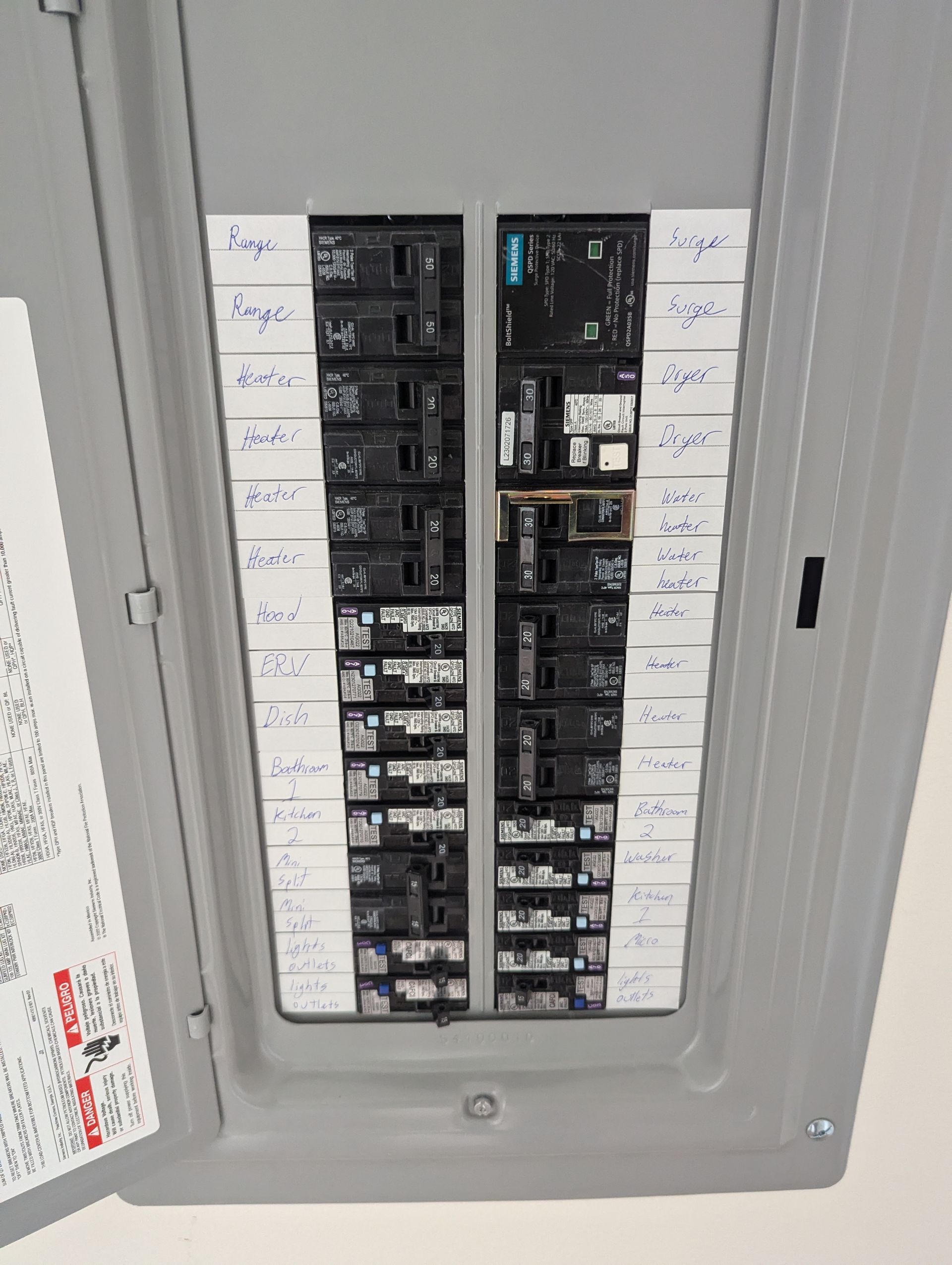 A close up of a electrical panel with the door open.