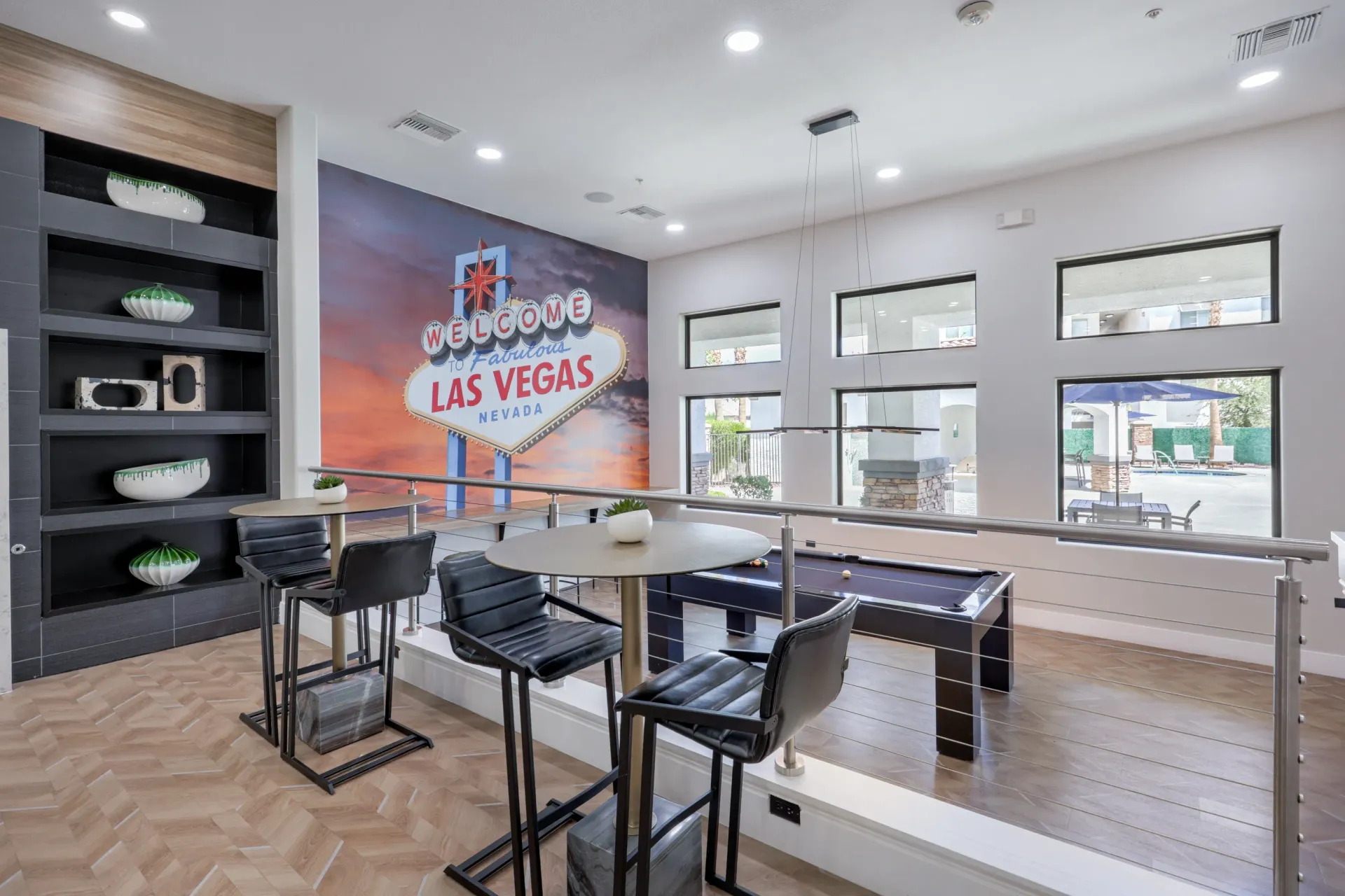 Welcome to Fabulous Las Vegas Nevada mural and pool table in community lounge at Cornerstone Park in Henderson, NV.