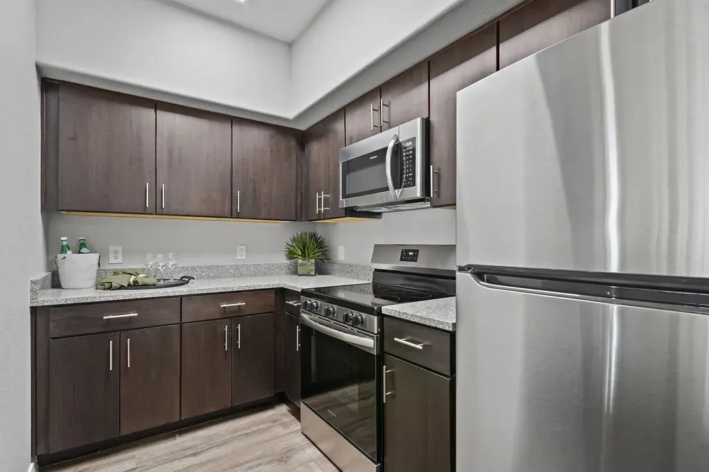 Modern kitchen with dark wood cabinets, granite countertops, stainless steel appliances, and wood-look flooring.