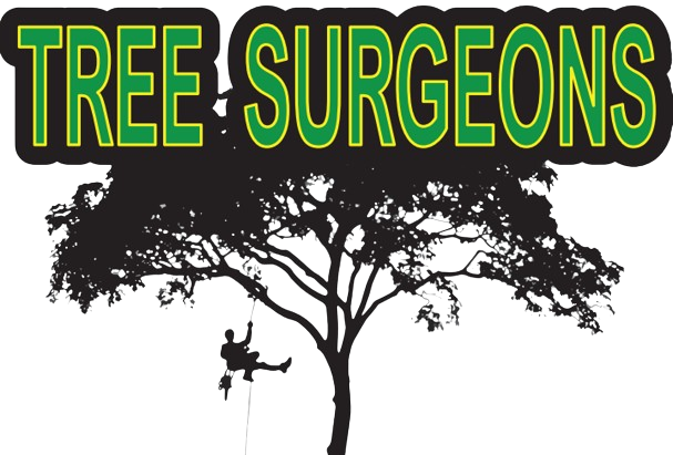 TREE SURGEONS logo with green lettering above a black tree silhouette on a white background