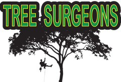 TREE SURGEONS logo with green lettering above a black tree silhouette on a white background