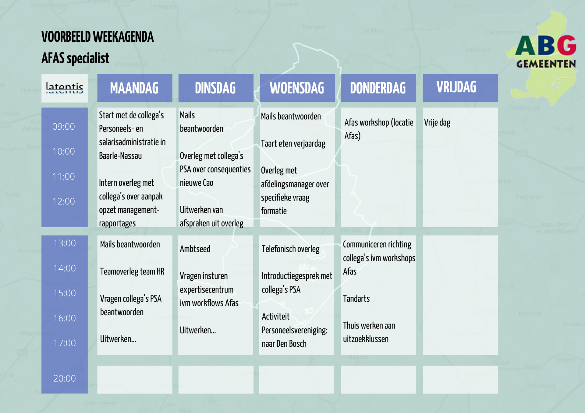 Een wekelijks schema voor een bedrijf genaamd abg