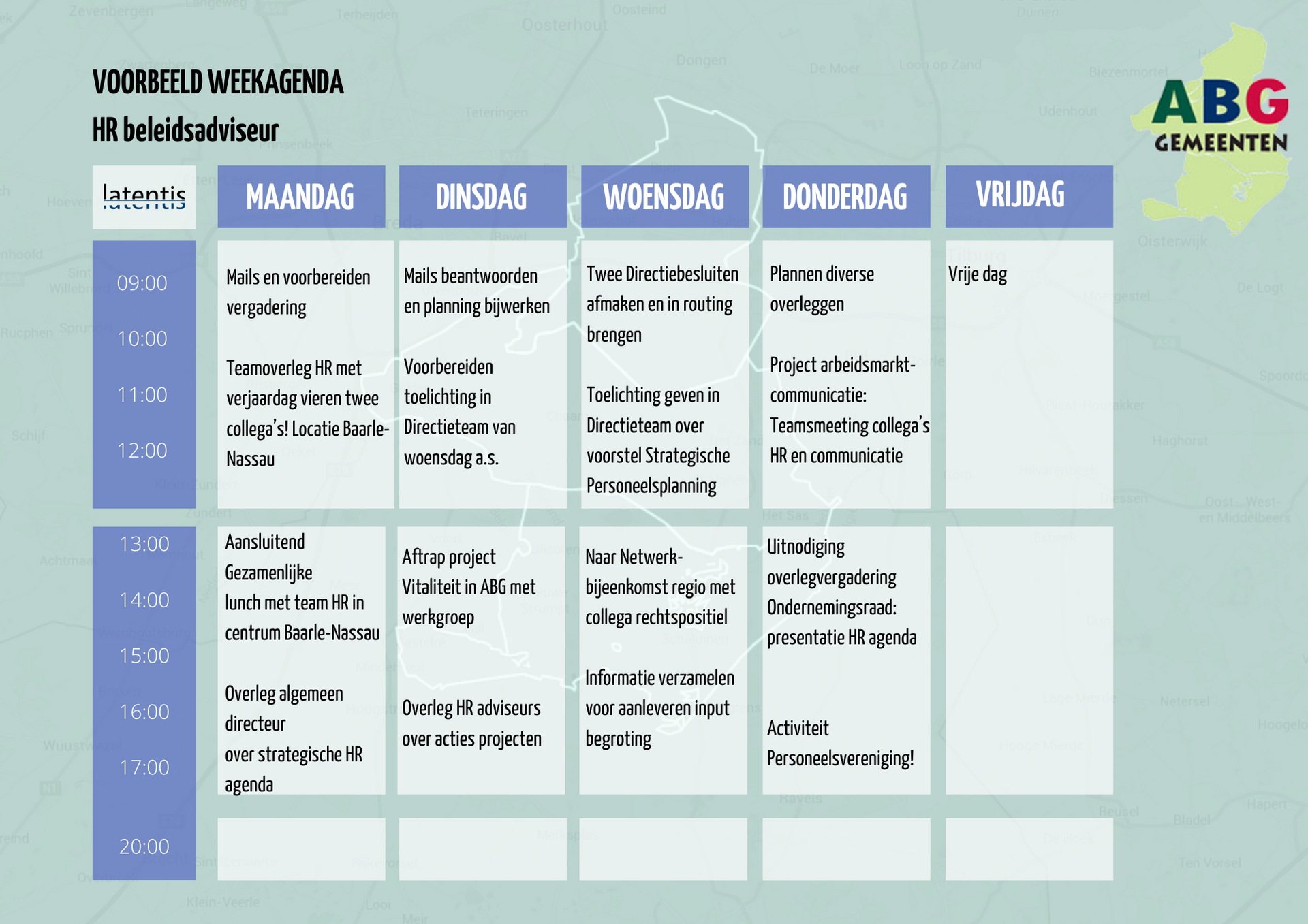 Een wekelijks schema voor een bedrijf genaamd abg