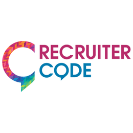 Het logo voor Recruiter Code is een kleurrijk logo met een tekstballon.