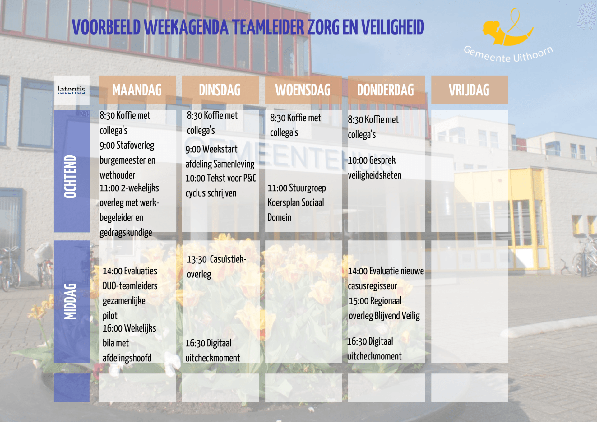 Een wekelijkse agenda met een gebouw op de achtergrond