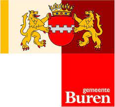 Het logo van de stad buren met twee leeuwen en een wapen.