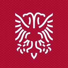 Een witte adelaar met vleugels op een rode achtergrond.