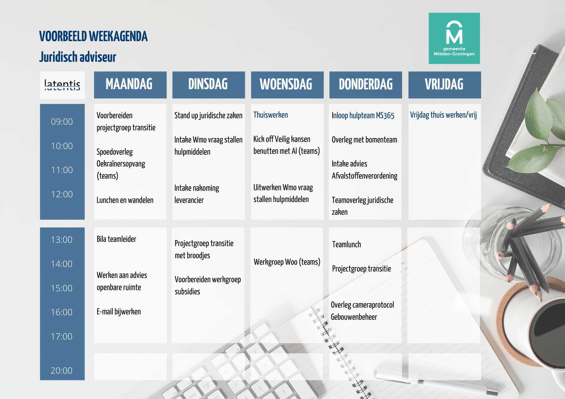 Een weekplanner. Kolommen voor elke weekdag met geplande taken, inclusief vergaderingen en projectwerk.