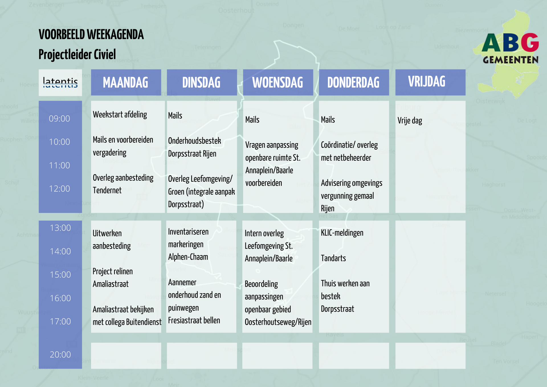Een blauw-witte kalender met de letters abg erop