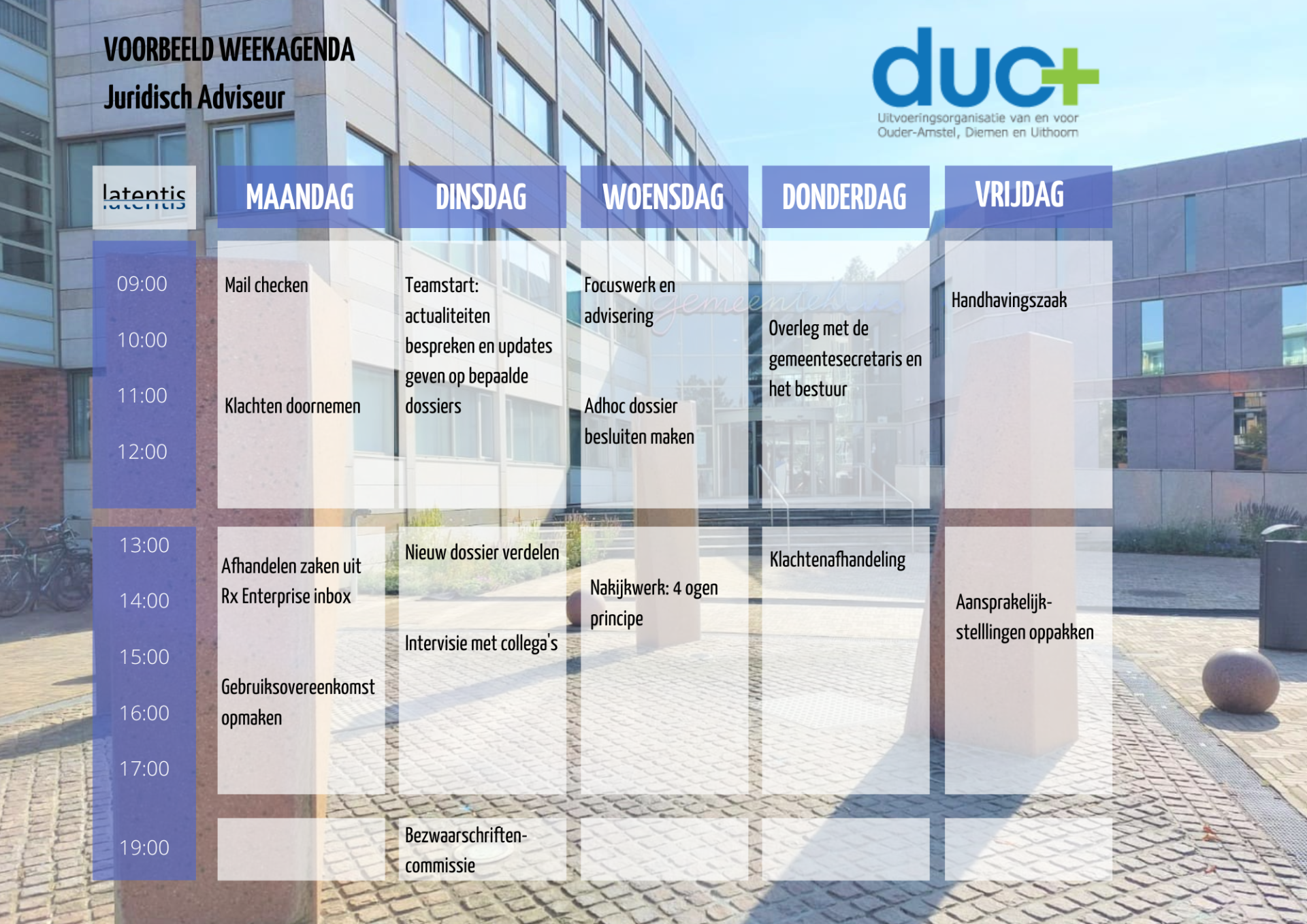 Een schema voor een bedrijf genaamd duct met een afbeelding van een gebouw op de achtergrond