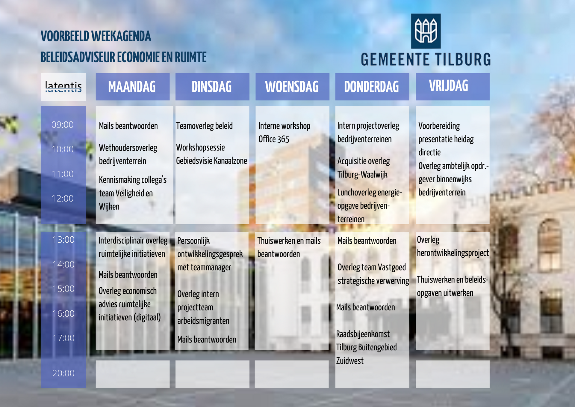 Een weekschema voor de stad Tilburg met een foto van een gebouw op de achtergrond.