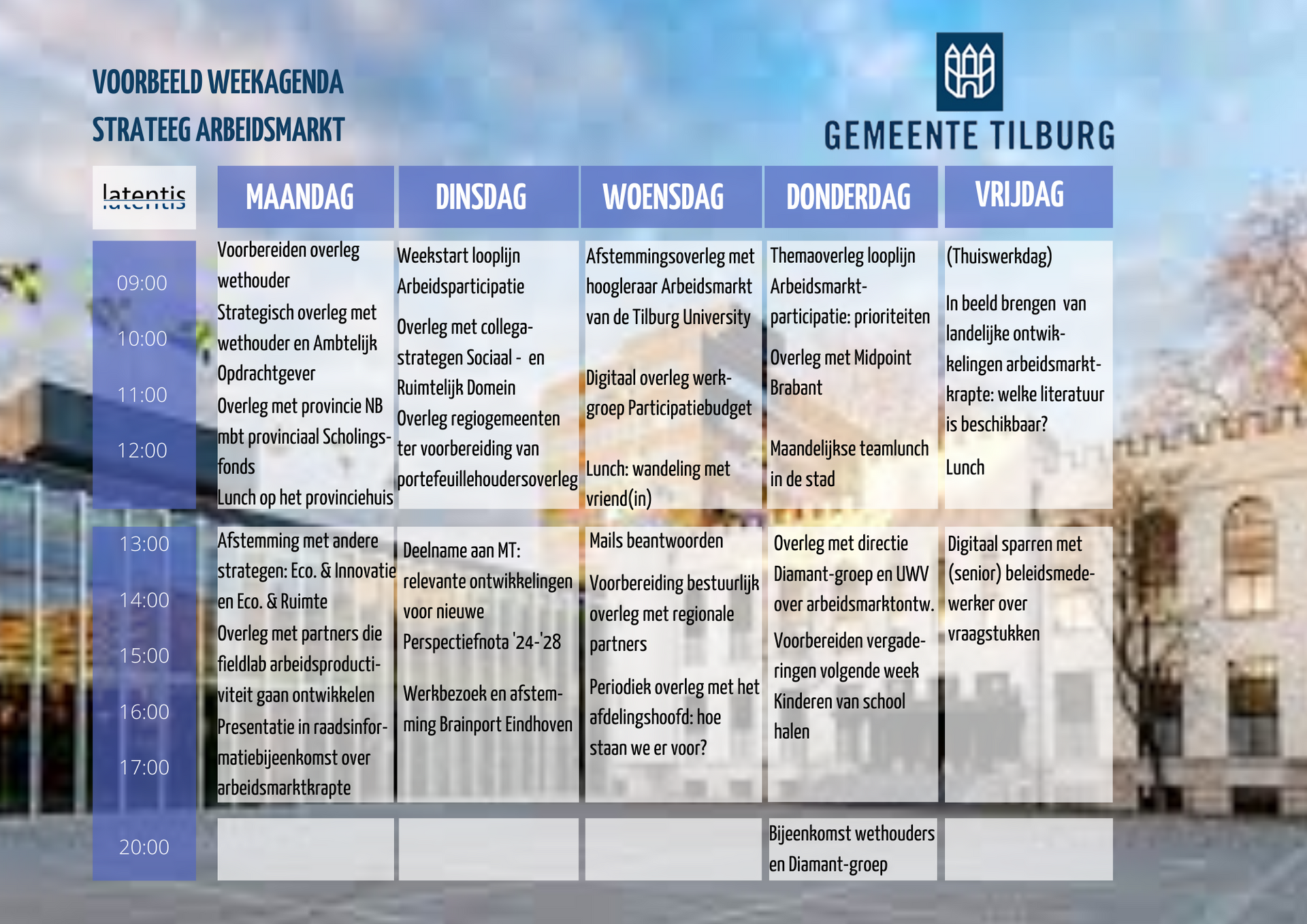 Een weekschema met een afbeelding van een gebouw op de achtergrond