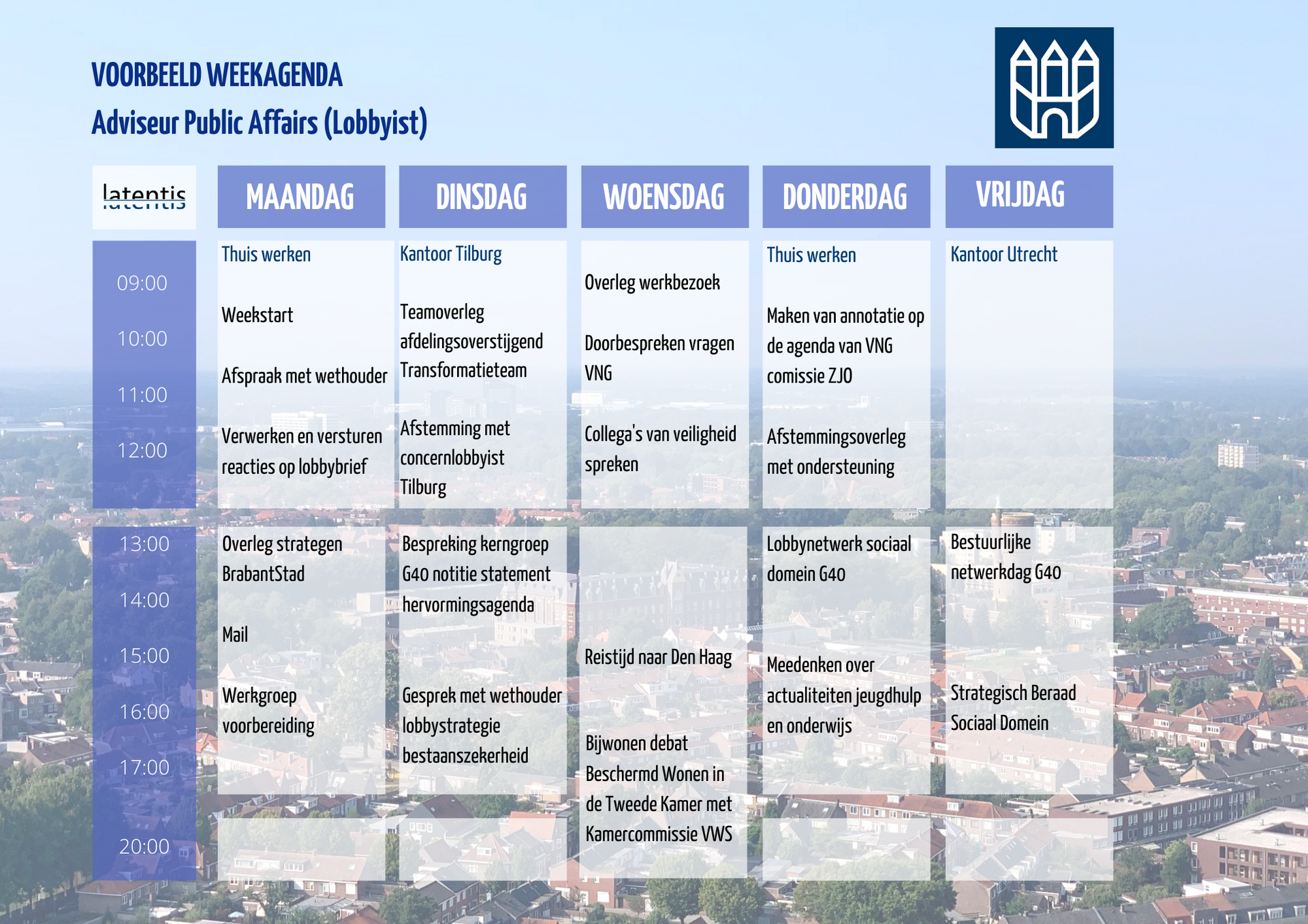 Een blauw-witte kalender met een stad op de achtergrond