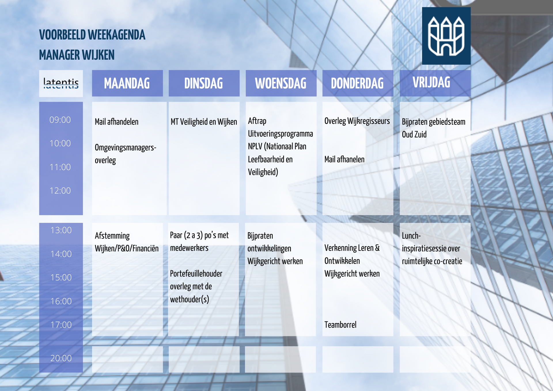 Een weekschema met een gebouw op de achtergrond