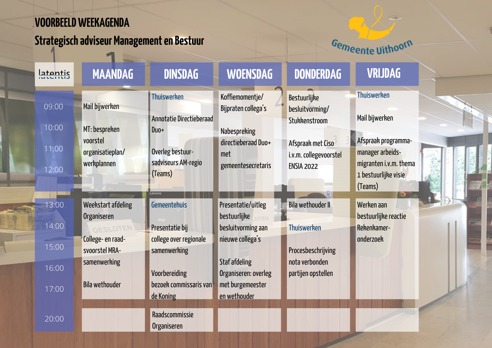 Een weekschema wordt weergegeven in een vreemde taal