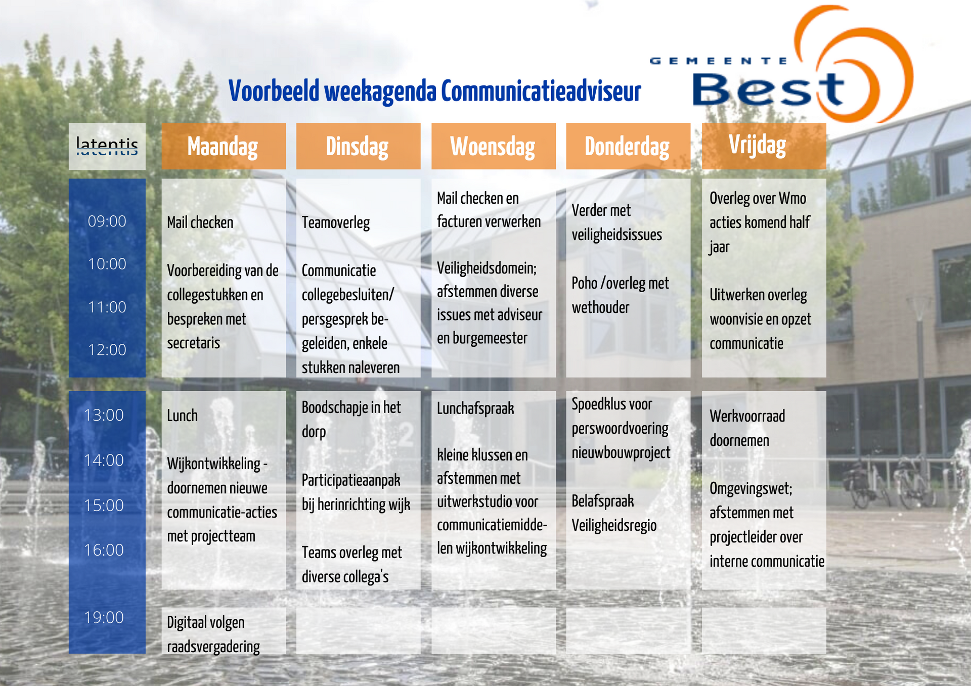 Er wordt een wekelijkse agenda voor een communicatieadviseur weergegeven