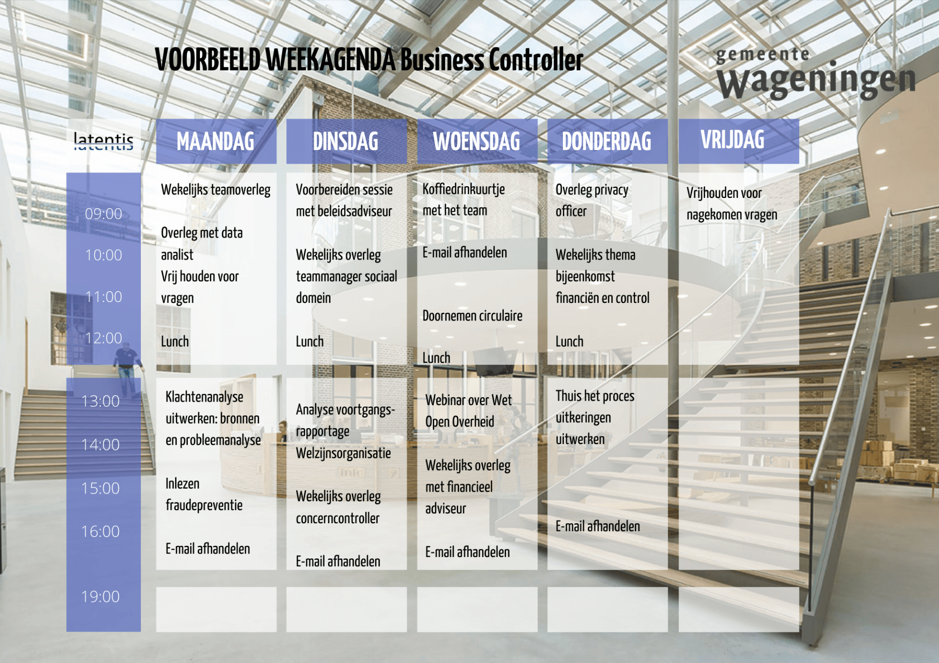 Een weekagenda voor een business controller hangt voor een gebouw met een trap.