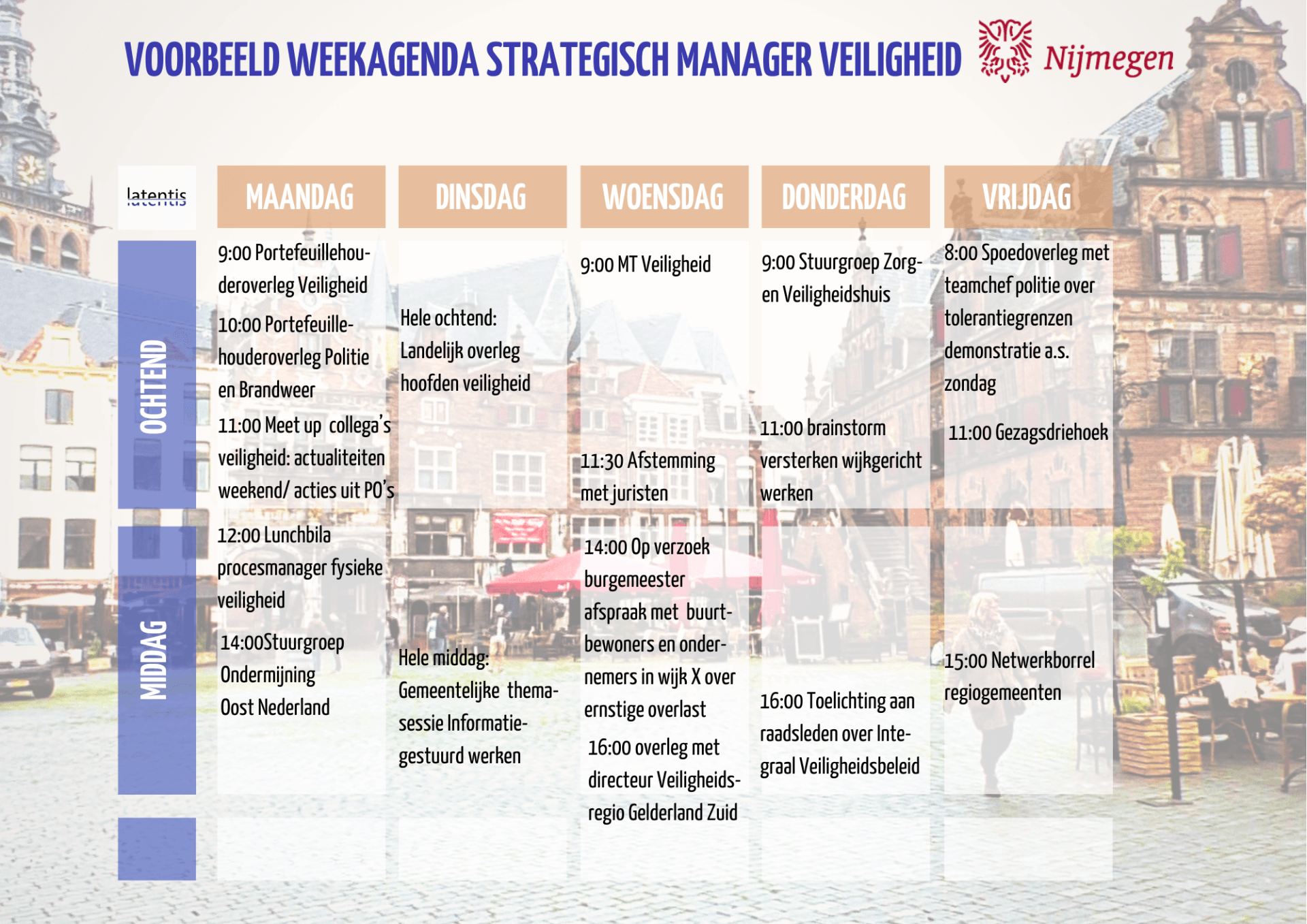 Een wekelijkse agenda met een foto van een stad op de achtergrond