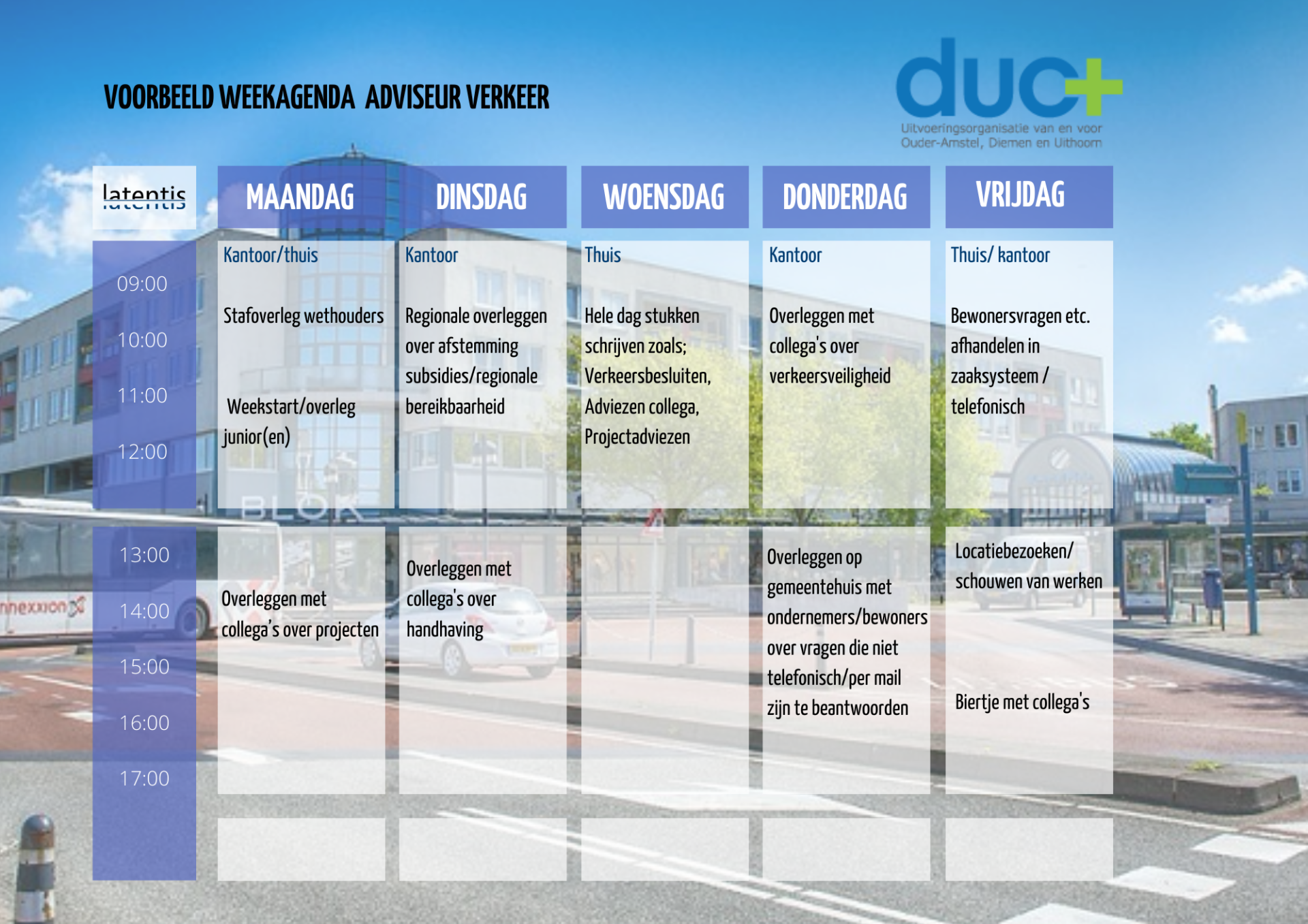 Een weekschema met een afbeelding van een gebouw op de achtergrond