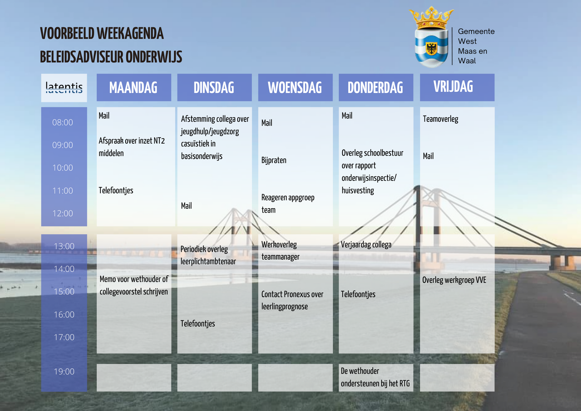 Een wekelijkse agenda met een brug op de achtergrond