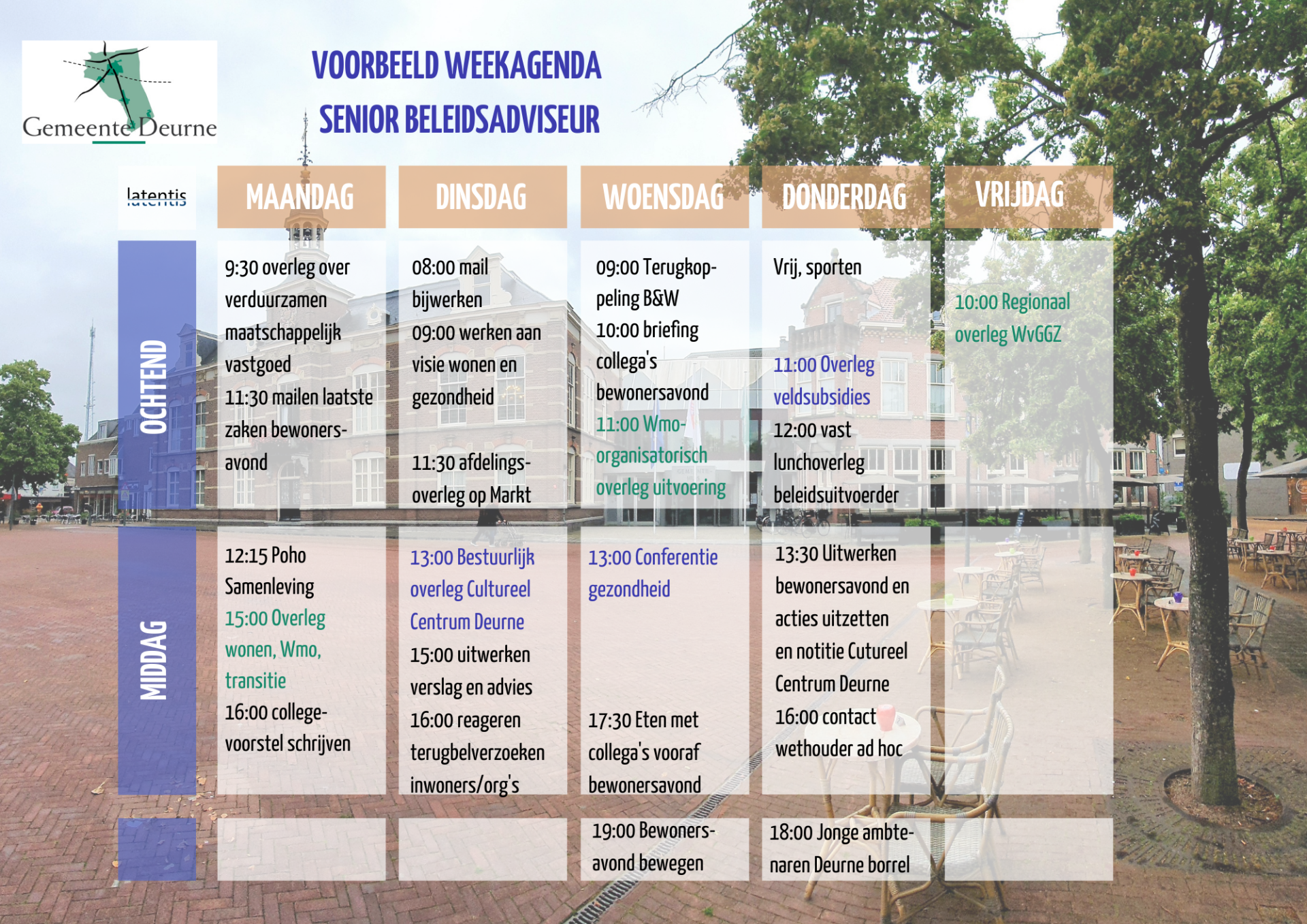 Een wekelijkse agenda met een boom op de achtergrond